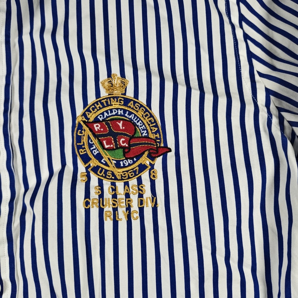 Ralph Lauren Shirt Womens 8 Blue White Striped Yachting Crest Button Up Nautical - Picture 8 of 16